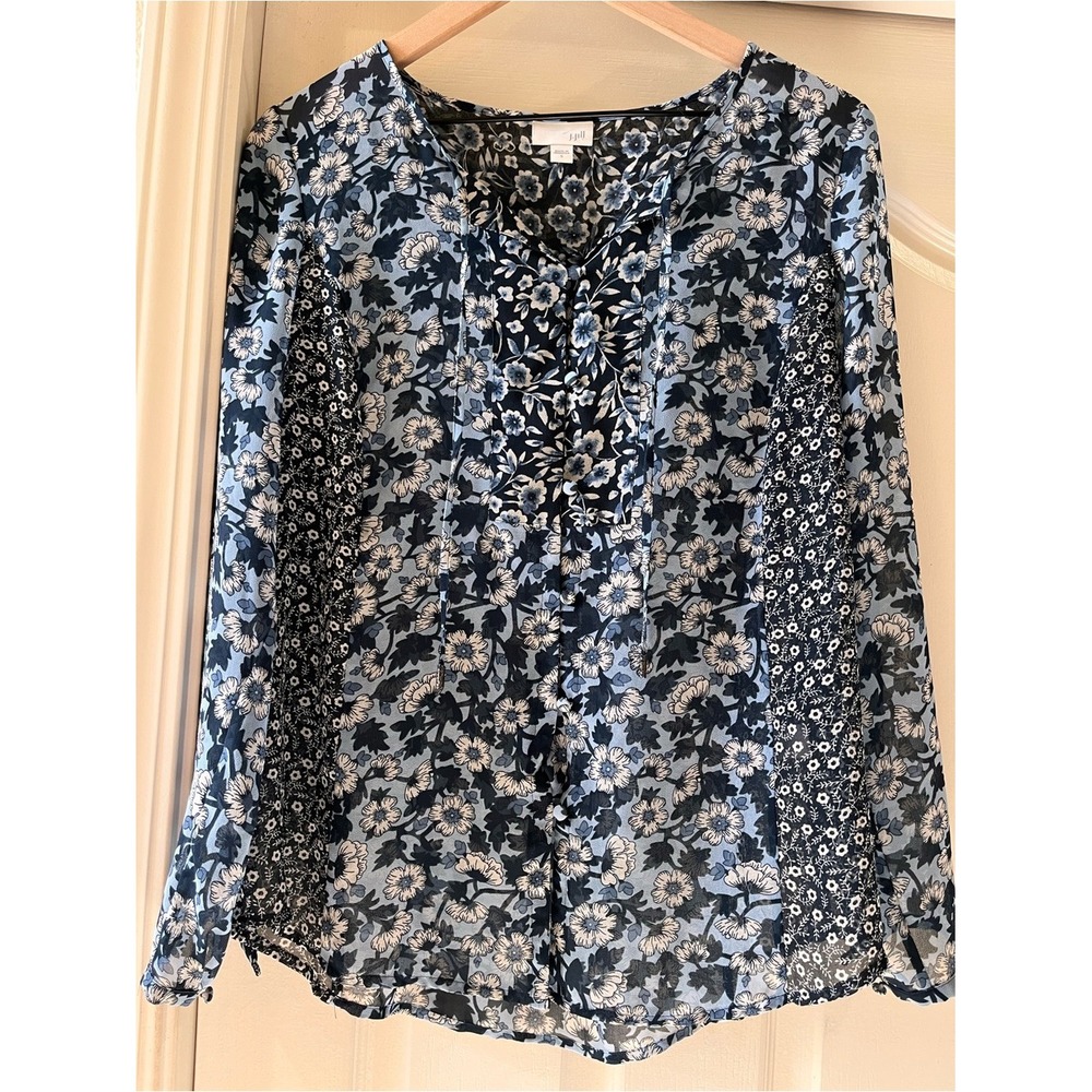 J Jill S Light Dark Blue Floral Button Tie Front Women Flowy Blouse Peasant Boho